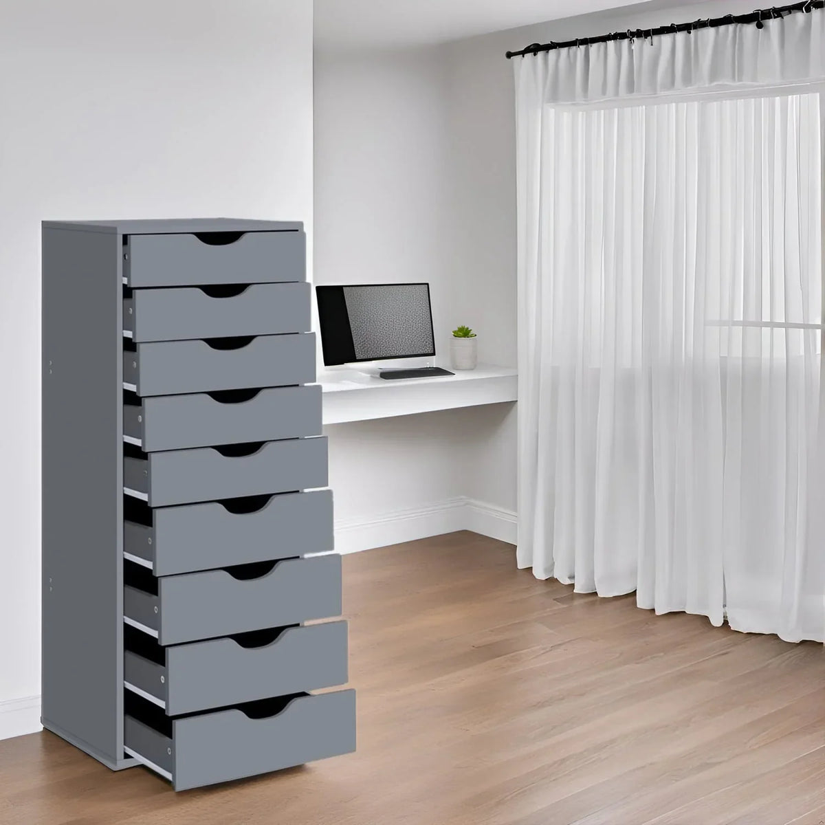Smalle houten kast met 9 lades, soepel lopende lades en opbergplank bovenop