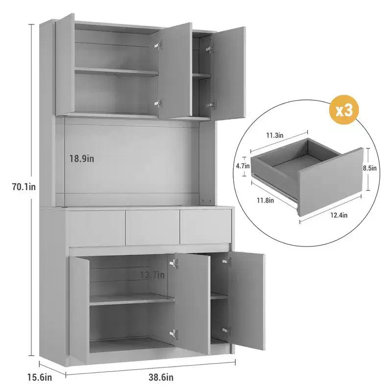 Armoire de rangement pour garde-manger de cuisine avec lumière LED et prise, buffet de cuisine avec étagère pour micro-ondes, tiroir et étagère réglable, pour salle à manger