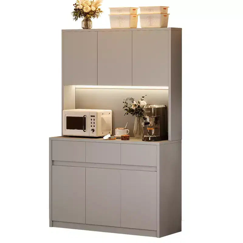 Armoire de rangement pour garde-manger de cuisine avec lumière LED et prise, buffet de cuisine avec étagère pour micro-ondes, tiroir et étagère réglable, pour salle à manger