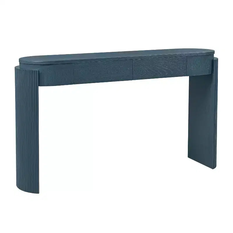Table console moderne avec finition grain de bois, plateau ovale et 2 tiroirs, table d’appoint pour salon, hall, bleu marine