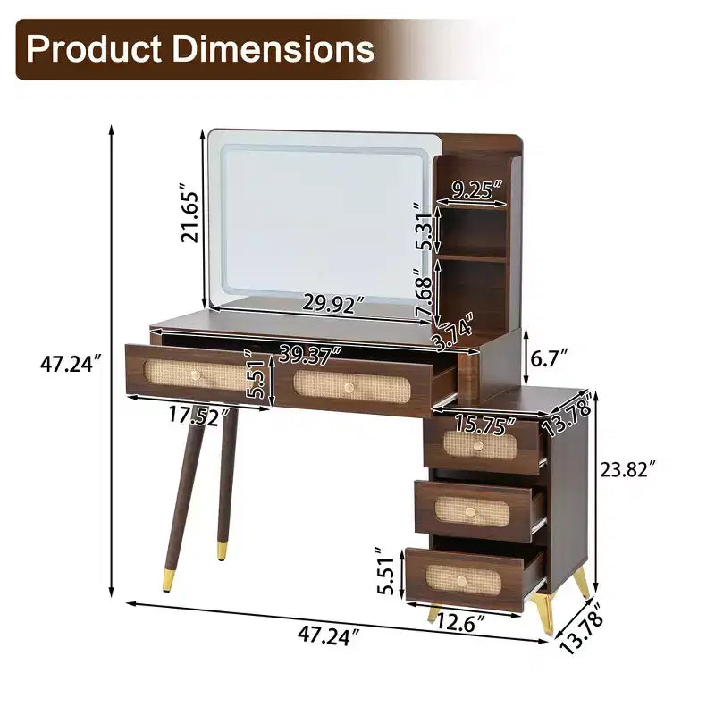 Makeup Vanity Table with Mirror, Lights, 5 Drawers and Storage Shelf