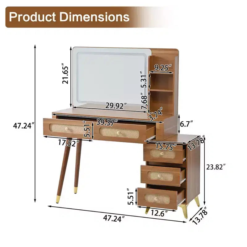 Makeup Vanity Table with Mirror, Lights, 5 Drawers and Storage Shelf
