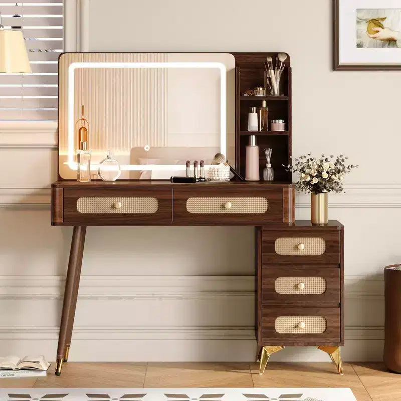 Makeup Vanity Table with Mirror, Lights, 5 Drawers and Storage Shelf