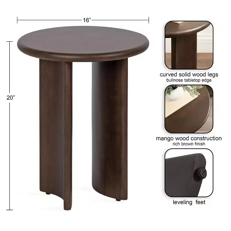 Table d'appoint ronde en bois massif, diamètre 16", hauteur 20"