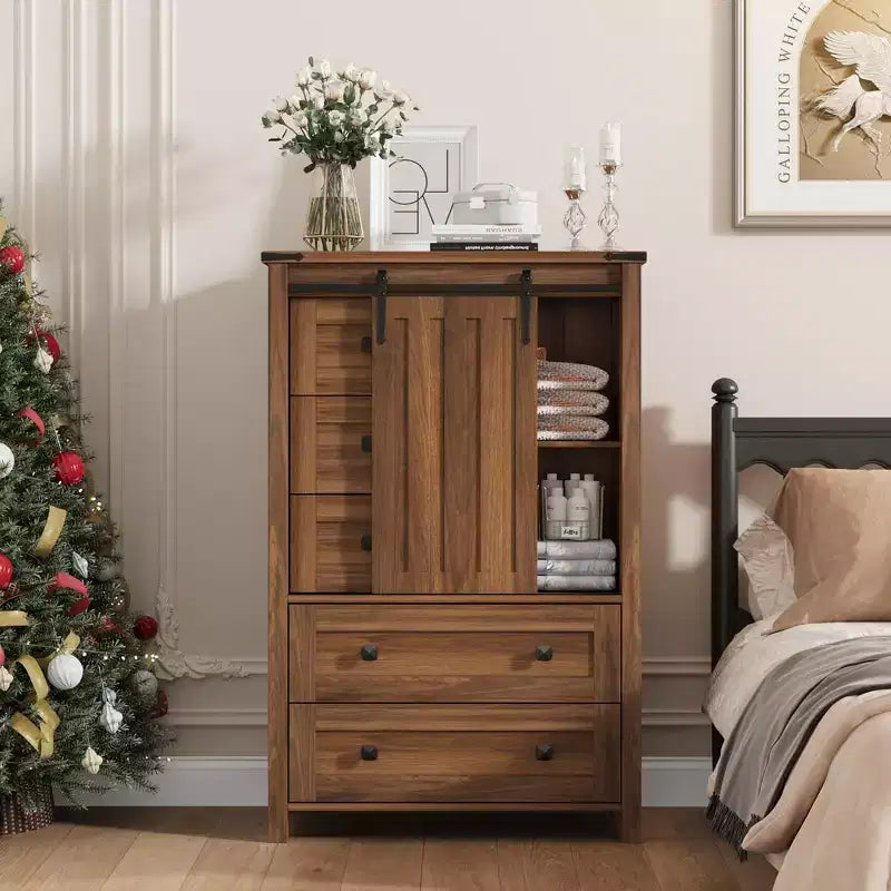 Cómoda de 5 cajones, mueble moderno de madera para dormitorio con cajones de almacenamiento, mueble para TV estilo rústico para sala, dormitorio, pasillo