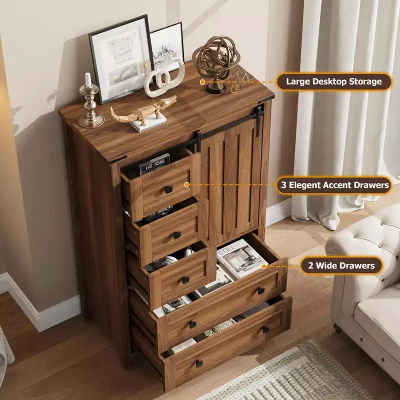 Cómoda de 5 cajones, mueble moderno de madera para dormitorio con cajones de almacenamiento, mueble para TV estilo rústico para sala, dormitorio, pasillo