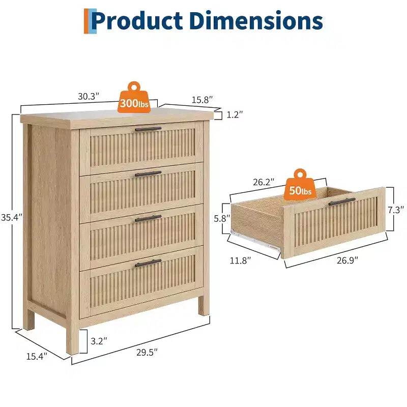 Cómoda de 4 cajones, mueble moderno de madera para dormitorio con tiradores y cajones de almacenamiento, mueble para TV estilo rústico para sala, dormitorio, pasillo