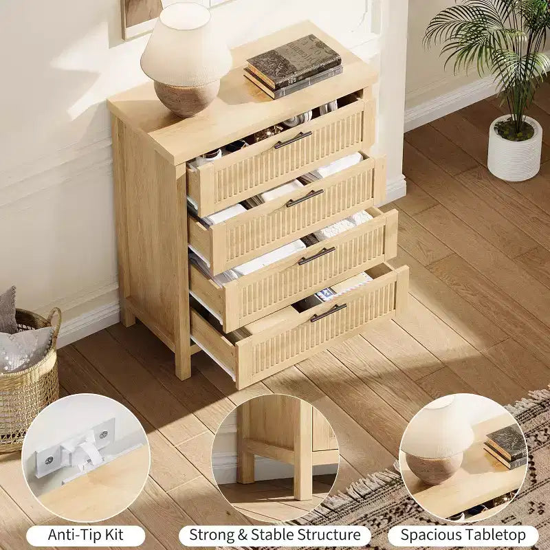 Cómoda de 4 cajones, mueble moderno de madera para dormitorio con tiradores y cajones de almacenamiento, mueble para TV estilo rústico para sala, dormitorio, pasillo
