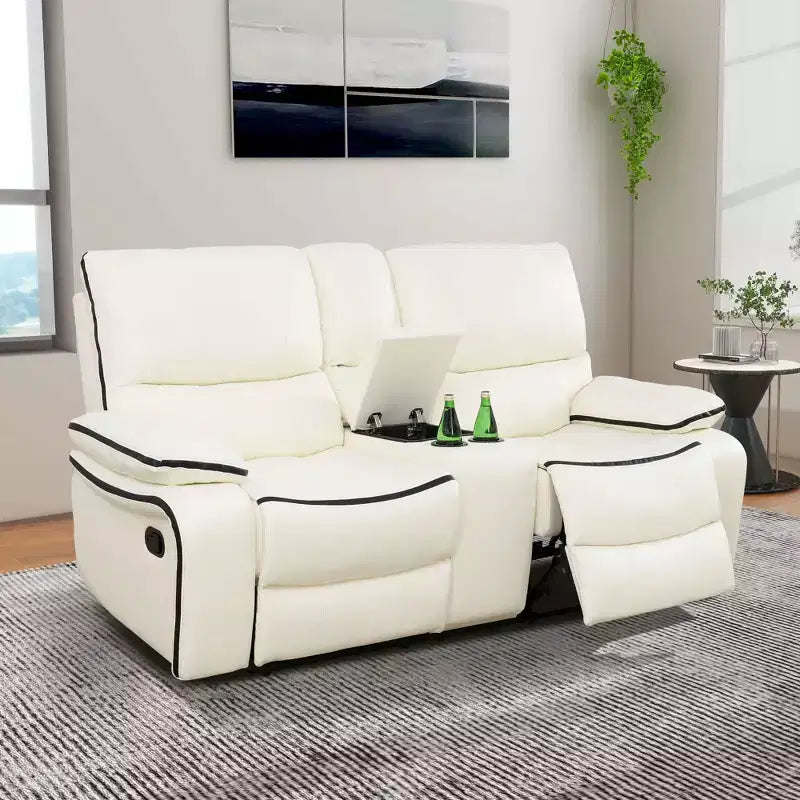 Electric Power Reclining Loveseat, 2-Seat Breathable Leather with Storage & Cup Holders, White