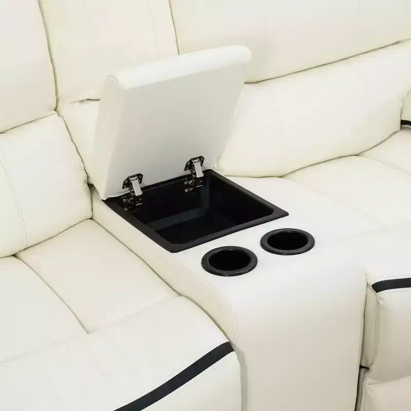 Divano reclinabile elettrico a 2 posti in pelle traspirante con contenitore e portabicchieri, bianco