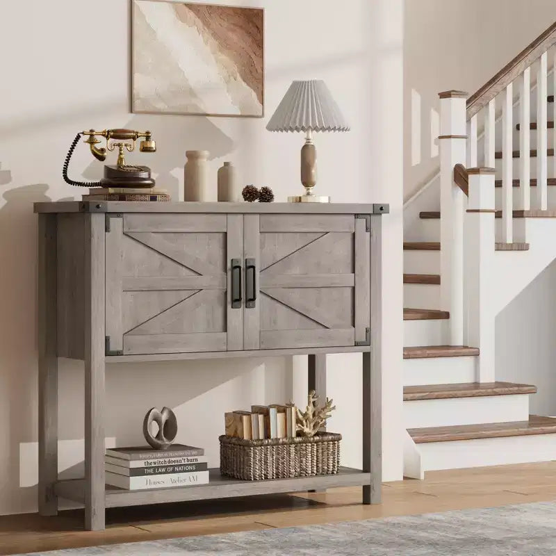 Farmhouse Console Table  2-Door Entryway Sofa Table with Open Shelf for Living Room/Kitchen/Bedroom