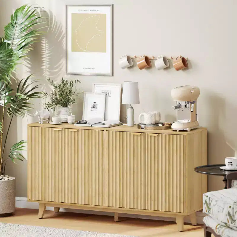 Buffet à cannelures, armoire bar à café 55 avec 4 portes, 2 étagères réglables, 5 pieds en bois