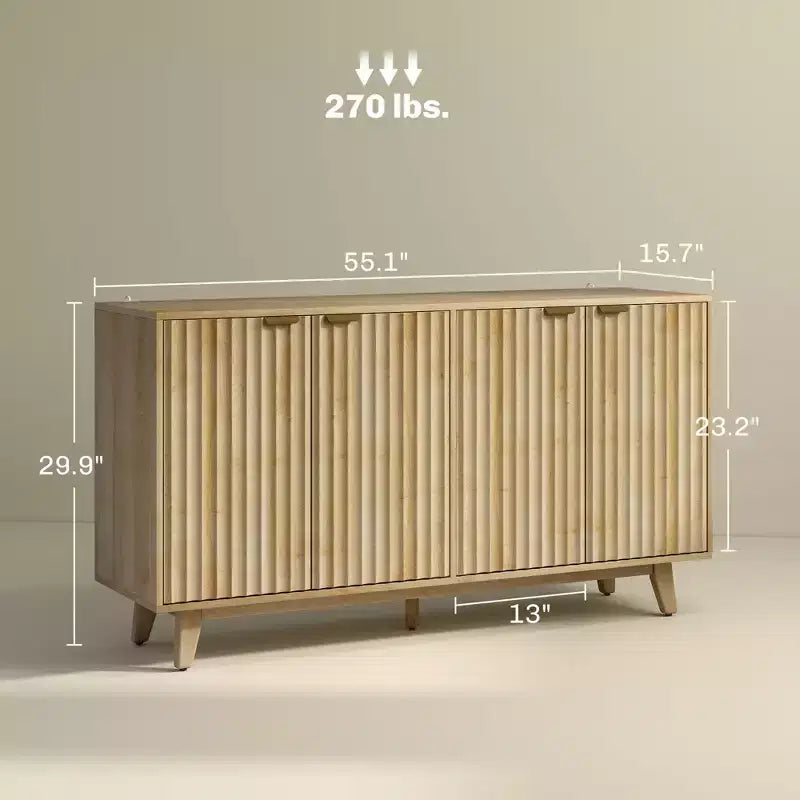 Buffet à cannelures, armoire bar à café 55 avec 4 portes, 2 étagères réglables, 5 pieds en bois