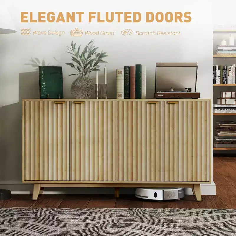 Buffet à cannelures, armoire bar à café 55 avec 4 portes, 2 étagères réglables, 5 pieds en bois