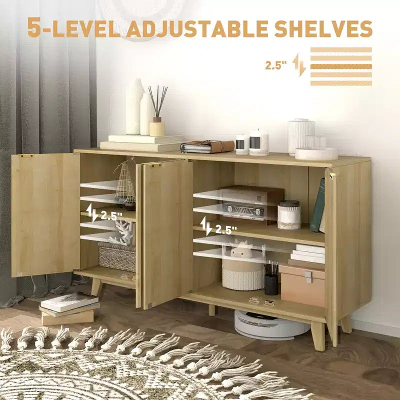 Buffet à cannelures, armoire bar à café 55 avec 4 portes, 2 étagères réglables, 5 pieds en bois