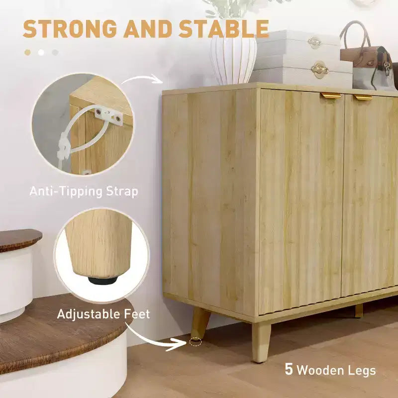 Buffet à cannelures, armoire bar à café 55 avec 4 portes, 2 étagères réglables, 5 pieds en bois
