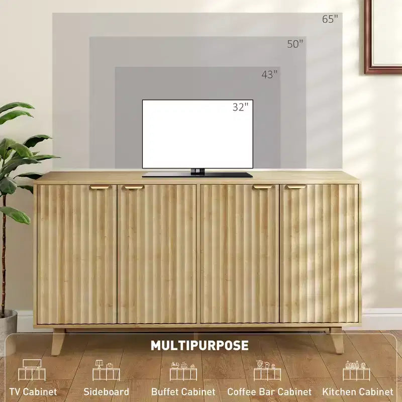 Buffet à cannelures, armoire bar à café 55 avec 4 portes, 2 étagères réglables, 5 pieds en bois
