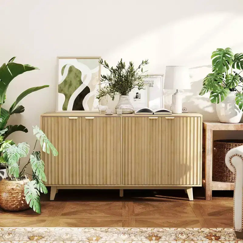 Buffet à cannelures, armoire bar à café 55 avec 4 portes, 2 étagères réglables, 5 pieds en bois