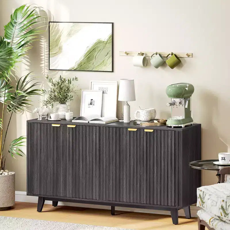 Buffet à cannelures, armoire bar à café 55 avec 4 portes, 2 étagères réglables, 5 pieds en bois