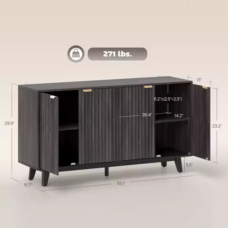 Buffet à cannelures, armoire bar à café 55 avec 4 portes, 2 étagères réglables, 5 pieds en bois