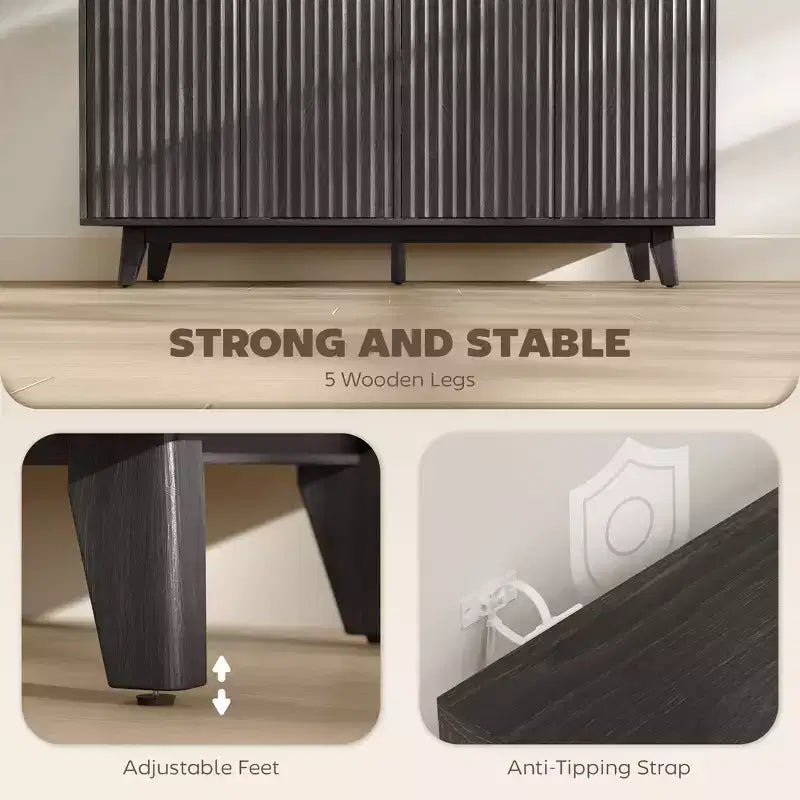 Buffet à cannelures, armoire bar à café 55 avec 4 portes, 2 étagères réglables, 5 pieds en bois