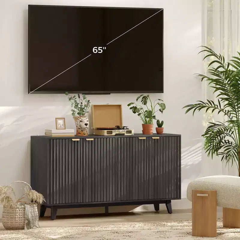 Buffet à cannelures, armoire bar à café 55 avec 4 portes, 2 étagères réglables, 5 pieds en bois