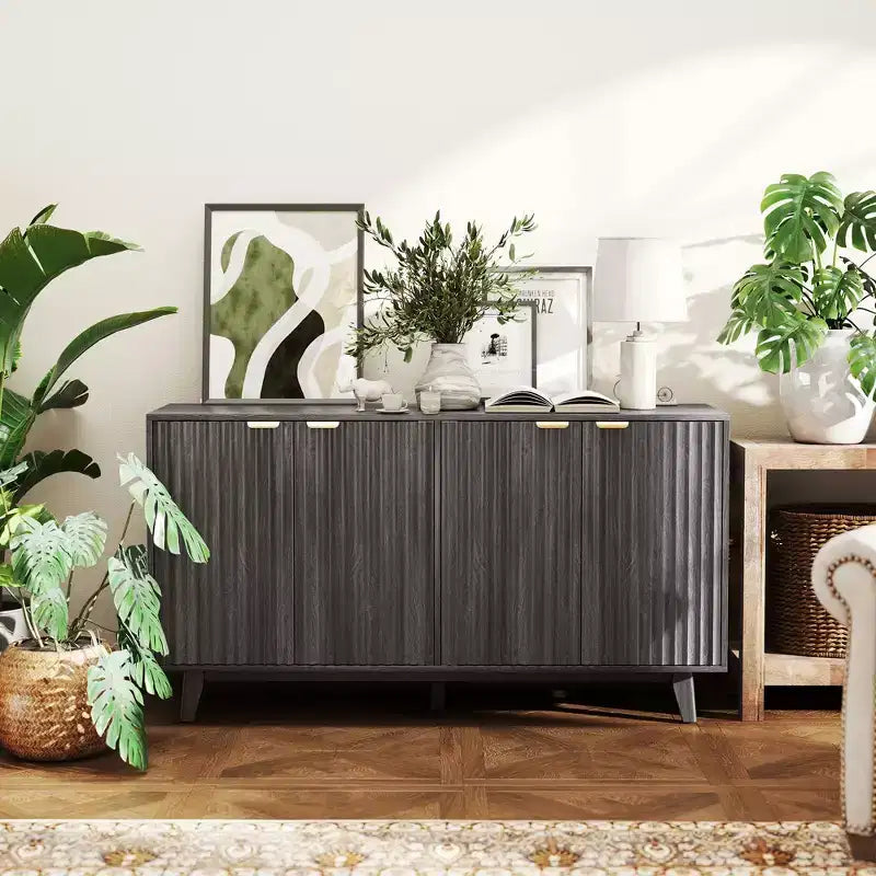 Buffet à cannelures, armoire bar à café 55 avec 4 portes, 2 étagères réglables, 5 pieds en bois