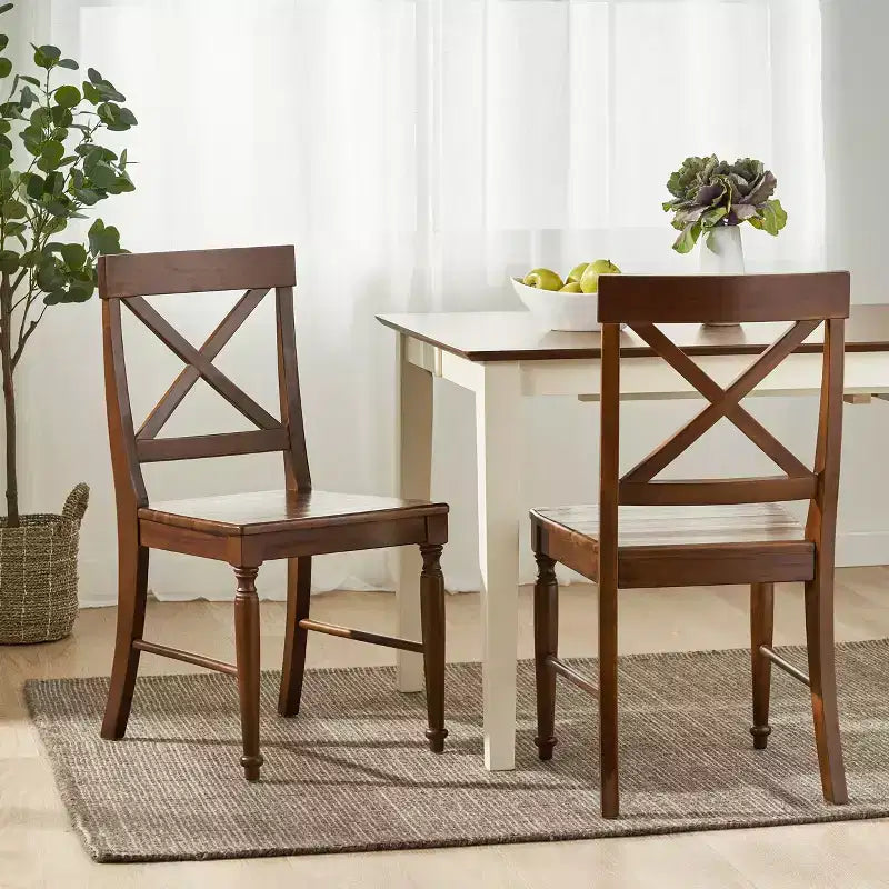 Ensemble de 2 chaises de salle à manger sans accoudoirs en bois d'acacia de style milieu du siècle avec dossier en X, style ferme
