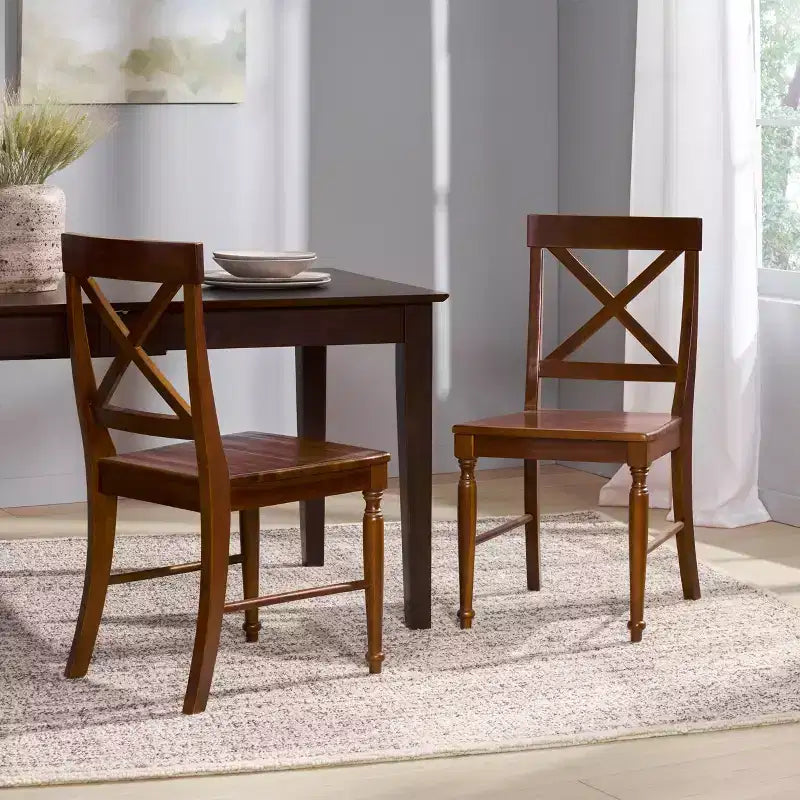 Ensemble de 2 chaises de salle à manger sans accoudoirs en bois d'acacia de style milieu du siècle avec dossier en X, style ferme