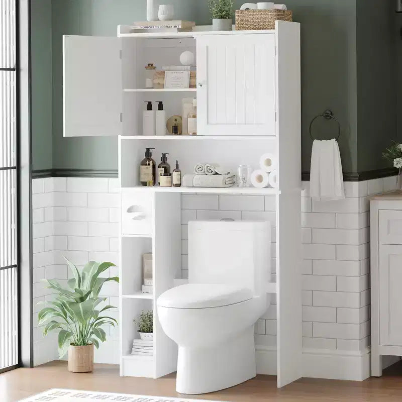 Tuvalet Üstü Depolama Dolabı, Tuvalet Kağıdı Tutuculu Çift Kapaklı Banyo Düzenleyici, Ayarlanabilir Raflı, Ayaklı Banyo Rafı, Beyaz