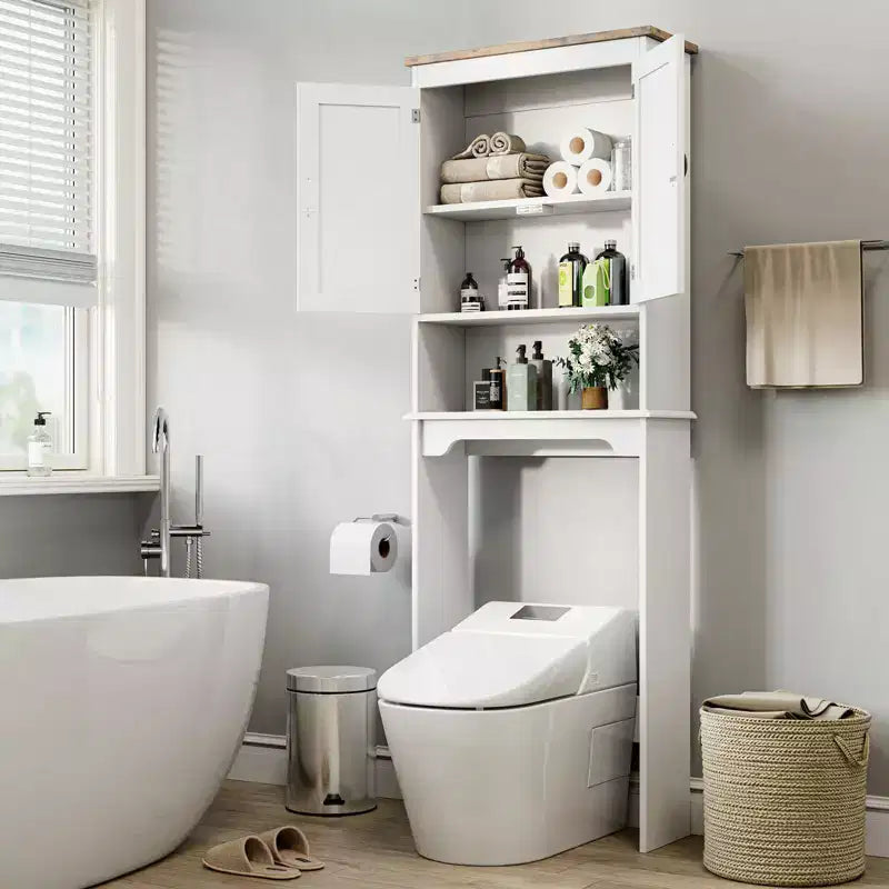 Tuvalet Üstü Depolama Dolabı, Tuvalet Kağıdı Tutuculu Çift Kapaklı Banyo Düzenleyici, Ayarlanabilir Raflı, Ayaklı Banyo Rafı, Beyaz