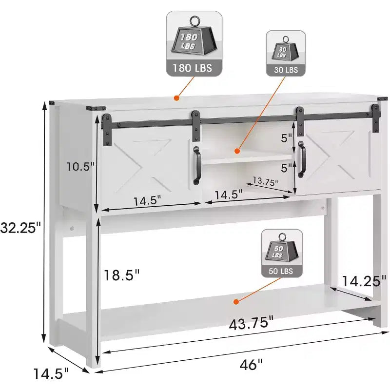 Consoletafel met opbergplank en schuifdeuren in schuurstijl, landelijke haltafel, 46" smalle sofa tafel