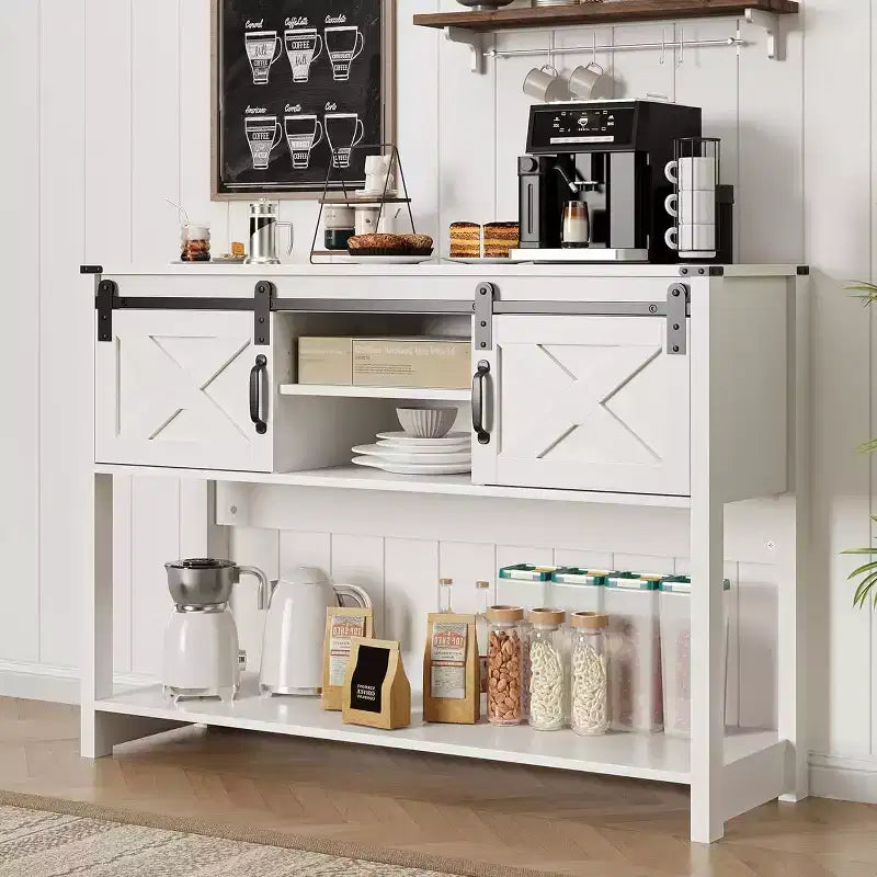 Consoletafel met opbergplank en schuifdeuren in schuurstijl, landelijke haltafel, 46" smalle sofa tafel