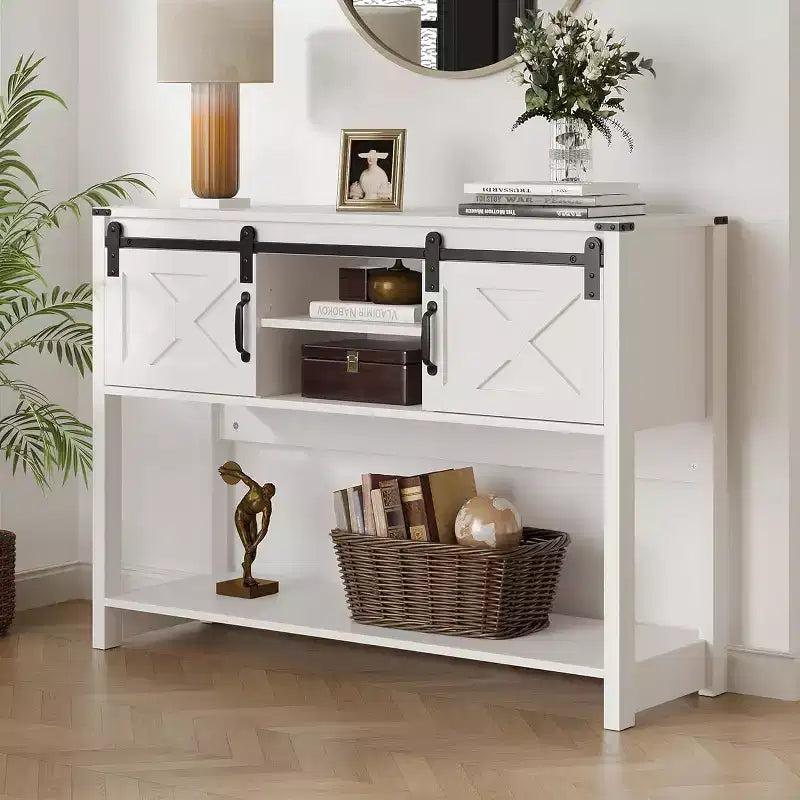 Consoletafel met opbergplank en schuifdeuren in schuurstijl, landelijke haltafel, 46" smalle sofa tafel