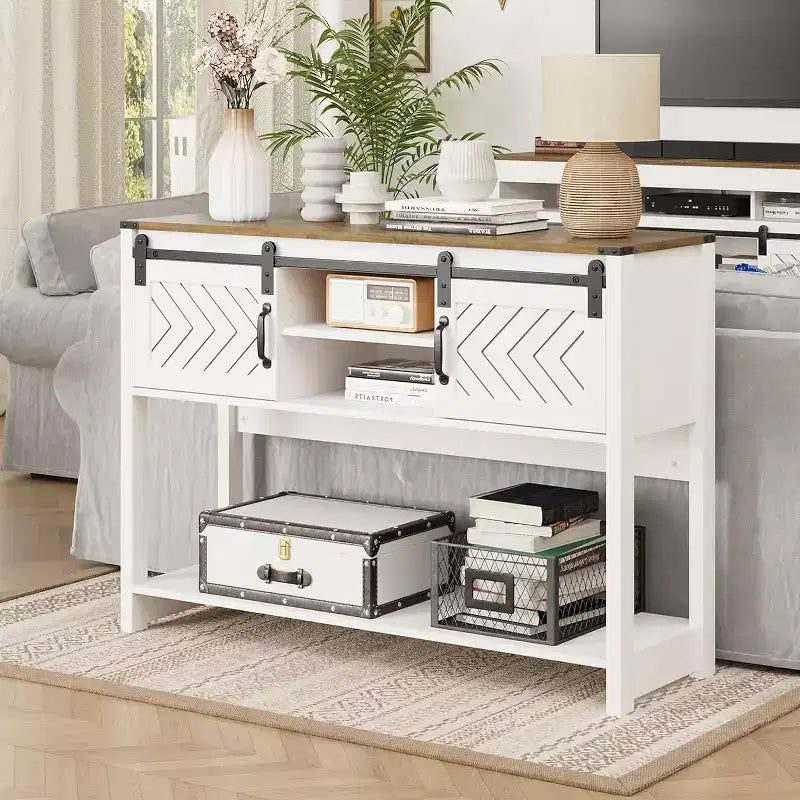 Console Table with Storage Shelf & Sliding Barn Door, Farmhouse Entryway Table, 46" Narrow Sofa Table