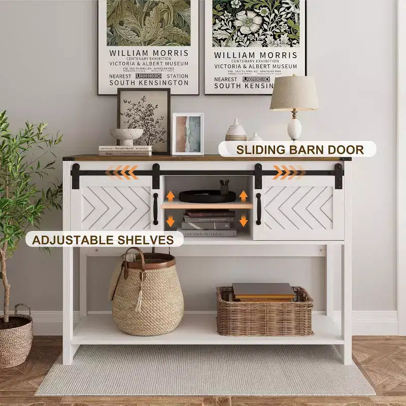 Consoletafel met opbergplank en schuifdeuren in schuurstijl, landelijke haltafel, 46" smalle sofa tafel