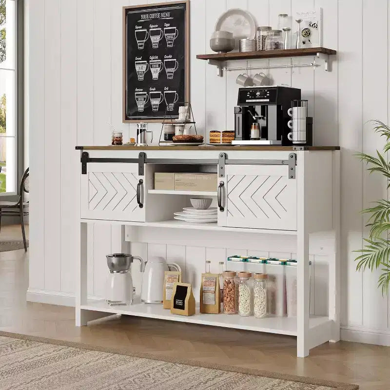 Consoletafel met opbergplank en schuifdeuren in schuurstijl, landelijke haltafel, 46" smalle sofa tafel