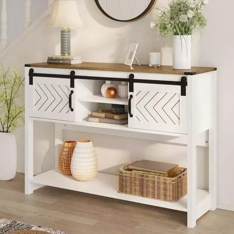 Consoletafel met opbergplank en schuifdeuren in schuurstijl, landelijke haltafel, 46" smalle sofa tafel
