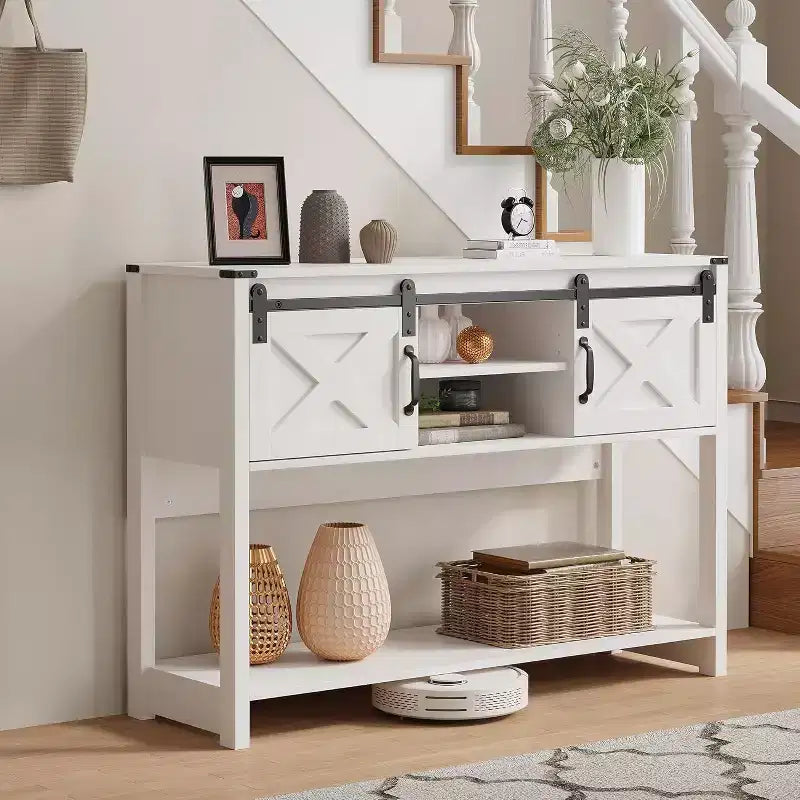 Console Table with Storage Shelf & Sliding Barn Door, Farmhouse Entryway Table, 46" Narrow Sofa Table