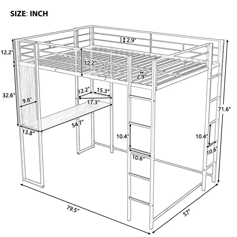 Lit mezzanine métallique taille standard avec 2 étagères et bureau, noir