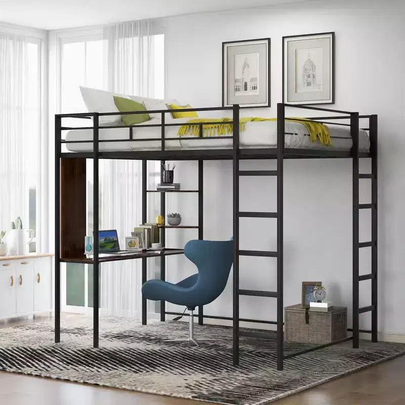 Full Size Metal Loft Bed with 2 Shelves and Desk, Black