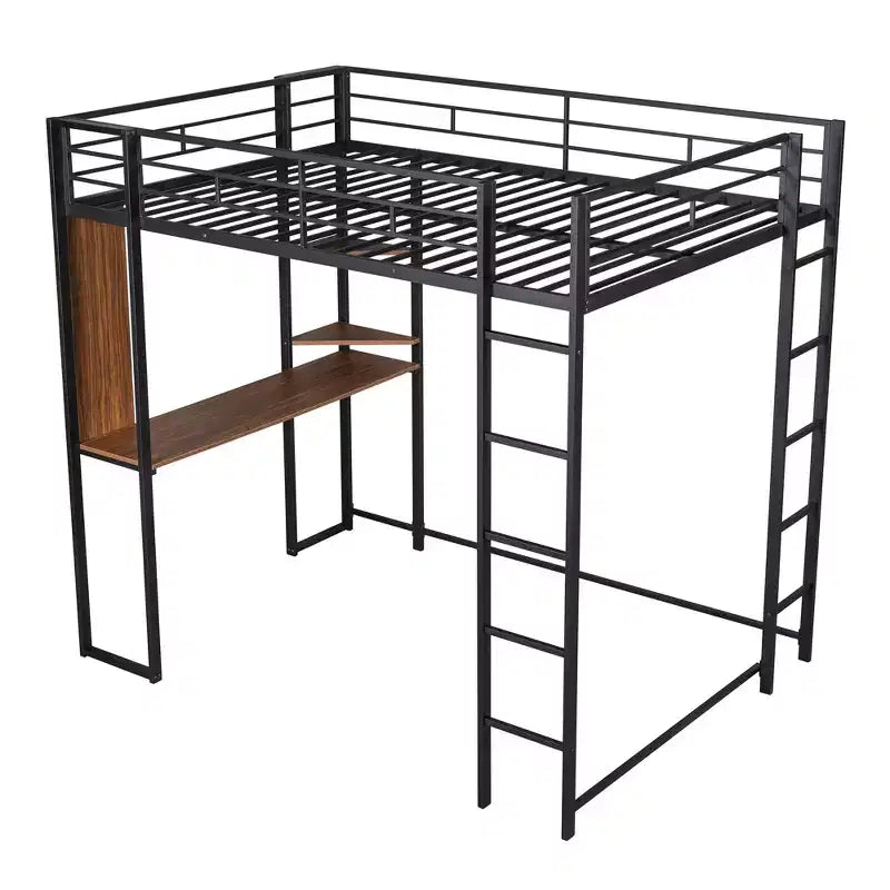 Lit mezzanine métallique taille standard avec 2 étagères et bureau, noir