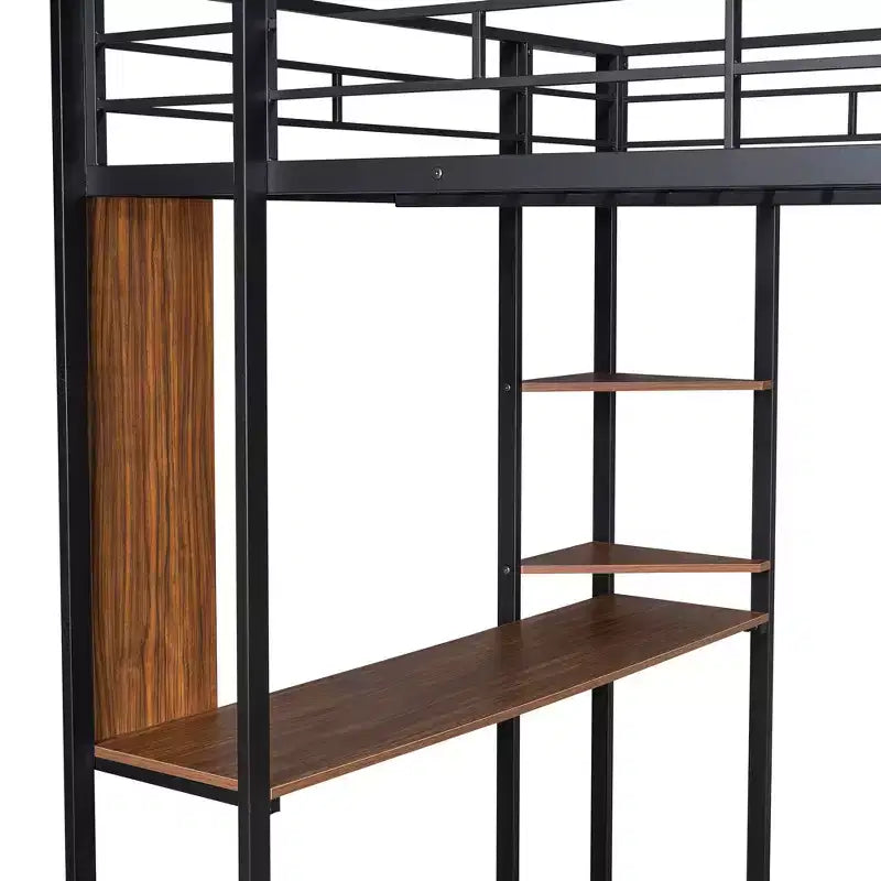 Lit mezzanine métallique taille standard avec 2 étagères et bureau, noir