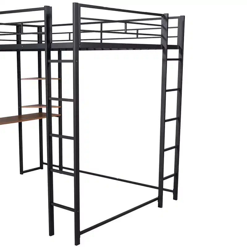 Lit mezzanine métallique taille standard avec 2 étagères et bureau, noir