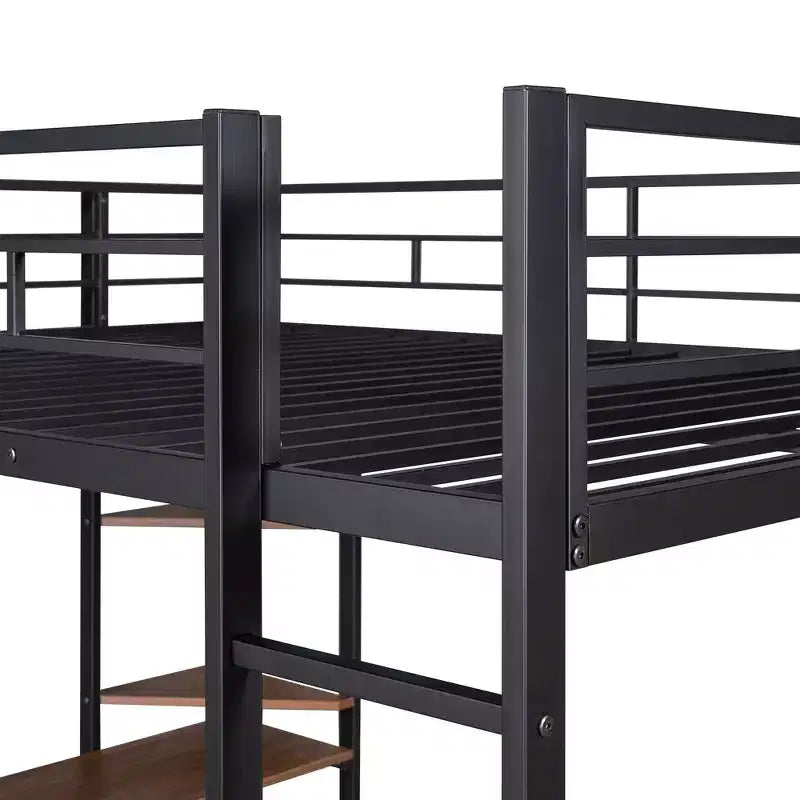Lit mezzanine métallique taille standard avec 2 étagères et bureau, noir