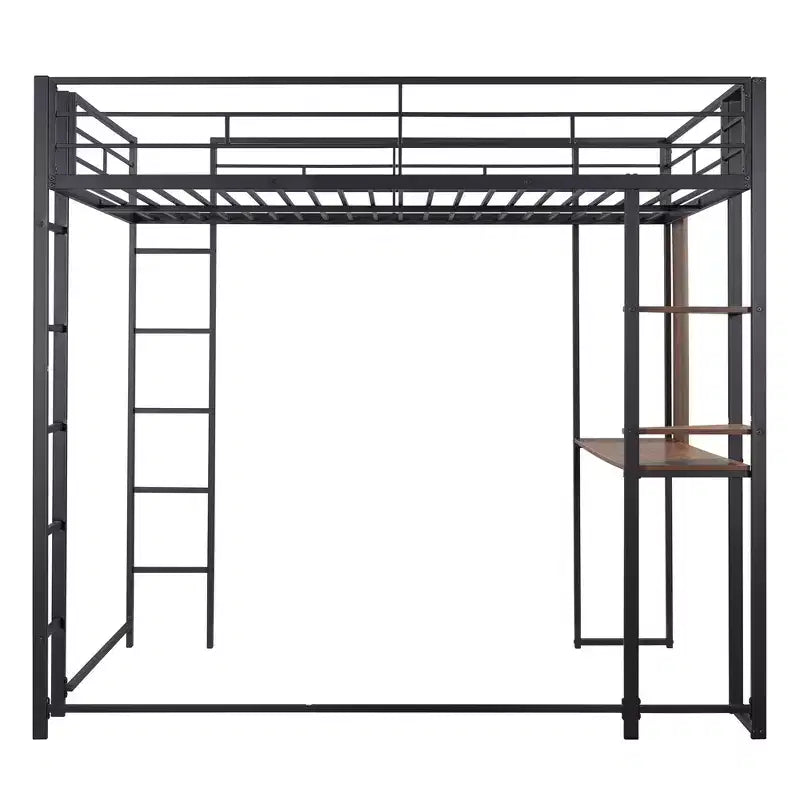 Lit mezzanine métallique taille standard avec 2 étagères et bureau, noir