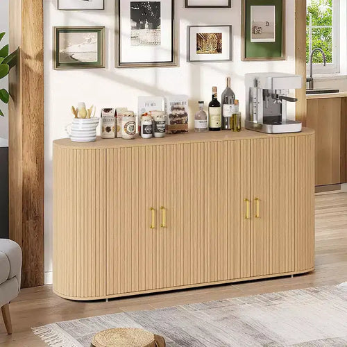 63 Modern Sideboard Buffet Cabinet, Fluted Accent Credenza with Curved Edges & Adjustable Shelves, Storage Console Table for Dining Room, Oak
