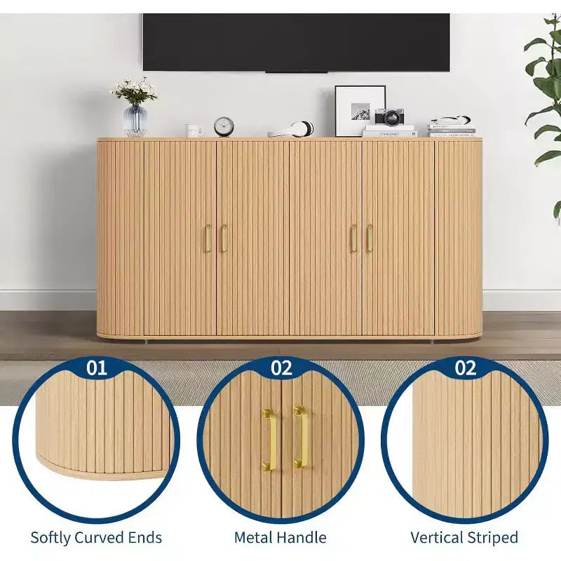 63 Modern Yanboard Büfe Dolabı, Kavisli Kenarlı ve Ayarlanabilir Raflı Flütlü Aksanlı Konsol, Yemek Odası için Depolama Konsolu, Meşe