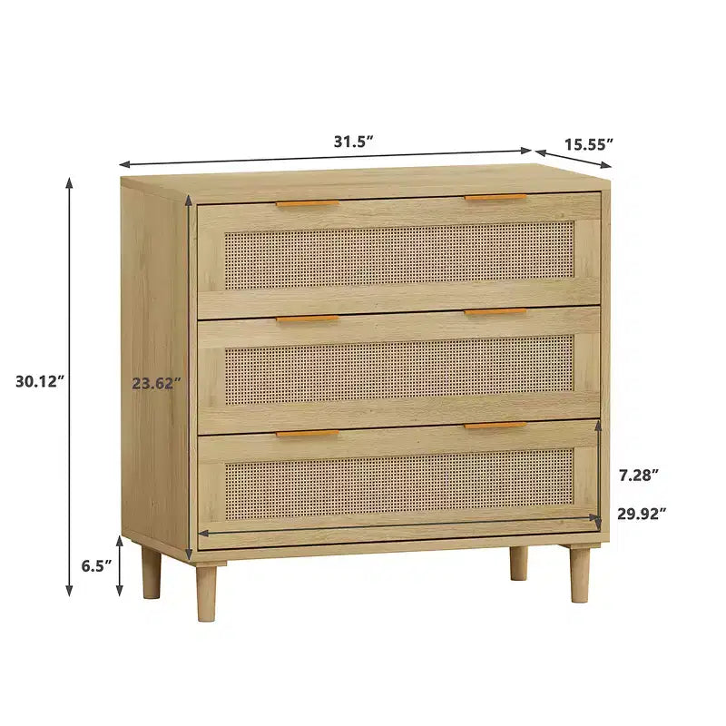 Commode à 3 tiroirs, armoire de rangement de cuisine avec 3 tiroirs profonds en rotin, buffet avec poignée en fer
