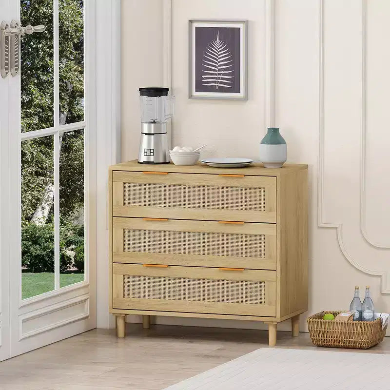 Commode à 3 tiroirs, armoire de rangement de cuisine avec 3 tiroirs profonds en rotin, buffet avec poignée en fer